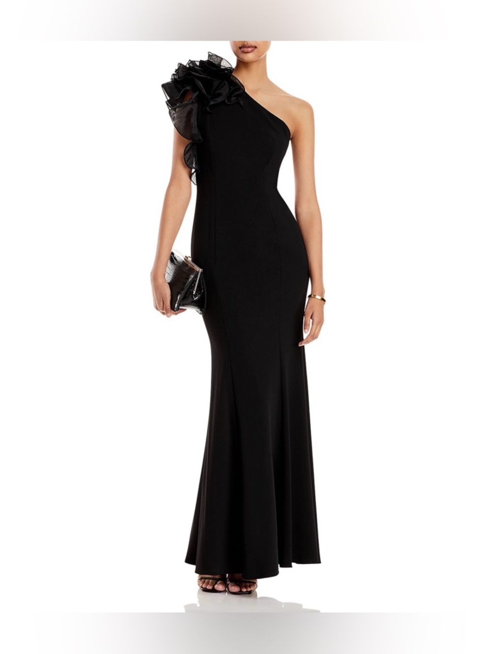 Aidan Mattox One-Shoulder Black Evening Gown with Ruffle Detail